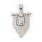 Brass Pendants with Cubic Zirconia, Electrophoretic Color Preservation, Shield Charms, Stainless Steel Color, 30.5x20.5x3.5mm, Hole: 3x4.5mm