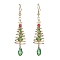 Copper Wired Glass Dangle Earrings, with 304 Stainless Steel Earring Hooks, Christmas Tree, Lime Green, 69.5x15mm