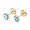Brass Enamel Stud Earrings, Long-Lasting Plated, Flat Round with Evil Eye, Real 18K Gold Plated, Turquoise, 6x2.5mm, Pin: 0.8mm