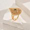 Brass Micro Pave Cubic Zirconia Adjustable Finger Rings for Women, Teardrop, Golden, Green, Teardrop: 29x20mm, Inner Diameter: Adjustable