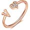 Adjustable Brass Rhinestone Cuff Rings, Letter & Heart, Rose Gold, Letter V, Inner Diameter: 15~20mm