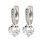 Brass with Cubic Zirconia Dangle Hoop Earrings, Flat Round, Platinum, 22x8mm