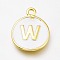 Brass Enamel Pendants, Long-Lasting Plated, Golden, White, Flat Round, Letter.W, 16.5x13x2mm, Hole: 1.5mm