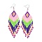 Glass Seed Braided Rhombus with Tassel Chandelier Earrings, Bohemian Brass Wire Wrap Drop Earrings for Women, Pink, 90mm, Pin: 0.6mm