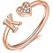 Adjustable Brass Rhinestone Cuff Rings, Letter & Heart, Rose Gold, Letter K, Inner Diameter: 15~20mm