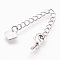 Brass Chain Extender, with Lobster Claw Clasps, Cadmium Free & Nickel Free & Lead Free, Long-Lasting Plated, Heart, Platinum, 69x3mm, Hole: 2.5mm, Clasps: 10x6x3mm