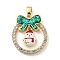 Christmas Brass Micro Pave Cubic Zirconia Pendants, Cadmium Free & Lead Free, with Enamel and Synthetic Opal, Christmas Wreath, Dark Cyan, 25.5x22.5x5mm, Hole: 5x3mm