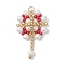 Glass Seed Beaded Flower Pendants, with Glass Pearl Beads & 304 Stainless Steel Jump Rings, Real 18K Gold Plated, Red, 32x20x6.5mm, Hole: 3mm