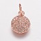 Brass Cubic Zirconia Pendants, Flat Round Charms, Rose Gold, 10x8x2mm, Hole: 3mm