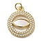 Brass Micro Pave Cubic Zirconia Pendants, with Shell, Flat Round, Cadmium Free & Lead Free, Real 18K Gold Plated, 20x17x3.5mm, Hole: 3.4mm