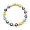 Rack Plating Iron Flat Round & Square Link Chains Bracelet, Enamel Evil Eye Bracelet with Clear Cubic Zirconia for Women, Golden, Colorful, 7-5/8 inch(19.3cm)
