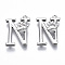 Brass Pendants, with Rhinestones, Cadmium Free & Nickel Free & Lead Free, Alphabet, Platinum, Letter.N, 17.5x12.5x2.5mm, Hole: 1mm