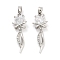 Brass with Clear Cubic Zirconia Pendants, Cadmium Free & Nickel Free & Lead Free, Heart with Leaf Charms, Platinum, 27x10x3.8mm, Hole: 3.8x5mm