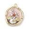 Brass Micro Pave Clear Cubic Zirconia Pendants, Cadmium Free & Nickel Free & Lead Free, with Enamel, Oval with Flower Charms, with ABS Imitation Pearl, Pink, 23x17.5x4.5mm, Hole: 1.6mm