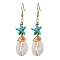 Starfish Brass with Synthetic Turquoise & Cowrie Shell Dangle Earrings, Golden, Turquoise, 60~62x14~15mm