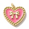 Rack Plating Brass Pendants, with Enamel and Jump Ring, Cadmium Free & Lead Free, Long-Lasting Plated, Real 18K Gold Plated, Heart with Bowknot Charm, Hot Pink, 16.5x18x3mm, Hole: 3mm