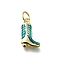 Brass Enamel Pendants, Cowboy Boots Charm, with Jump Ring, Long-Lasting Plated, Lead Free & Cadmium Free, Rack Plating, Real 18K Gold Plated, Teal, 13x8.5x3mm, Hole: 3mm