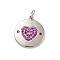 Brass Micro Pave Cubic Zirconia Pendants, Long-Lasting Plated, Lead Free & Cadmium Free, Platinum, Round with Heart, Medium Violet Red, 18.5x16x1.5mm, Hole: 3mm