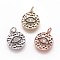 Hammered Brass Pendants, with Cubic Zirconia and Enamel, Flat Round with Eye, Mixed Color, 17x14.5x3mm, Hole: 3mm