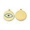 Ion Plating(IP) Golden 304 Stainless Steel Pendants, with Cubic Zirconia, Flat Round with Evil Eye Charm, Deep Sky Blue, 21.5x18x2mm, Hole: 1.2mm