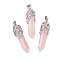 Natural Rose Quartz Pendants, Bullet Charms, with Rack Plating Brass Leaf Findings, Cadmium Free & Lead Free, 44~46x11.5~12x12mm, Hole: 8x5mm