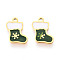 304 Stainless Steel Enamel Charms, Christmas Socking with Snowflake Charm, Ion Plating(IP), Real 14K Gold Plated, Dark Green, 11x7.1x0.9mm, Hole: 1mm