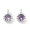 Brass Pave Cubic Zirconia Pendants, Single Stone Charms, Flat Round, Rack Plating, Long-Lasting Plated, Silver, Purple, 6.5~7x4.5~5x3mm, Hole: 1mm