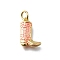 Brass Enamel Pendants, Cowboy Boots Charm, with Jump Ring, Long-Lasting Plated, Lead Free & Cadmium Free, Rack Plating, Real 18K Gold Plated, Cerise, 14.5x10x3mm, Hole: 3mm