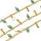 Brass Curb Chains, with Glass, Rack Plating, Long-Lasting Plated, Lead Free & Cadmium Free, with Teardrop Charms, Real 18K Gold Plated, Soldered, with Spool, Light Sea Green, 3x2x0.5mm and 9.5x3x2mm and 8.5x3.5mm