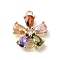 Brass Pave Glass Flower Connector Charms, Cadmium Free & Nickel Free & Lead Free, Real 18K Gold Plated, Colorful, 13.5x12x4mm, Hole: 1.4mm and 1.2mm