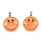 Brass Enamel Pendants, Real 18K Gold Plated, Long-Lasting Plated, Flat Round with Smiling Face, Dark Orange, 27x24.5x2.5mm, Hole: 5x3.5mm