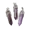 Natural Amethyst Pendants, Bullet Charms, with Rack Plating Brass Leaf Findings, Cadmium Free & Lead Free, 44~46x11.5~12x12mm, Hole: 8x5mm
