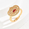 Elegant Hollow Brass Micro Pave Cubic Zirconia Adjustable Finger Rings for Women, Heart-shaped Lock Buckle, Golden, Red, 18x15mm, Inner Diameter: Adjustable