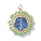 Glass Seed Beaded Flower Pendants, with Glass & 304 Stainless Steel Jump Ring, Real 18K Gold Plated, Royal Blue, 25.5x23.5x8mm, Hole: 2.5mm