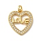 Heart with Word Love Rack Plating Brass Micro Pave Clear Cubic Zirconia Pendants, Long-Lasting Plated, Lead Free & Cadmium Free, Real 18K Gold Plated, 18.5x16.5x2mm, Hole: 3mm