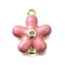 Brass Clear Cubic Zirconia Flower Connector Charms, Enamel Style, Real 18K Gold Plated, Rack Plating, Cadmium Free & Lead Free, Long-Lasting Plated, Hot Pink, 15.5x13x3mm, Hole: 1.2mm