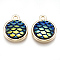 Alloy Resin Charms, Flat Round with Mermaid Fish Scale Shaped, Light Gold, Green, 15x12x4mm, Hole: 1.8mm