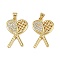 Brass Micro Pave Cubic Zirconia Pendants, Real 18K Gold Plated, Cadmium Free & Lead Free, Rack Plating, Long-Lasting Plated, Racket, 25x18x3mm, Hole: 3.5x3mm