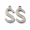 Non-Tarnish 304 Stainless Steel Pendants, Letter Charms, Letter S, 15x7x1.5mm, Hole: 1.6mm