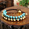 Bohemian Style Synthetic Turquoise Round Beaded & Brass Bell Charm & Wax Cord Braided Bead Bracelets, Golden, Cyan, 7-1/4 inch(18.5cm)