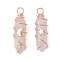 2Pcs 2 Styles Natural Rose Quartz Double Terminated Pointed Pendants, Brass Moon Star Charms with Copper Wire Wrapped, Light Gold, 35.5~36.5x11x11.5~13mm, Hole: 3.5~4mm, 1pc/style