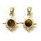 Natural Tiger Eye Sun Charms, with Brass Settings, Real 18K Gold Plated, 13.5x11.5x4mm, Hole: 4.5x3mm