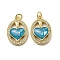 Brass Micro Pave Cubic Zirconia Pendants, Cadmium Free & Lead Free, with Enamel Shell, Oval with Heart, Dark Turquoise, 21x14x4mm