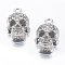 Alloy Rhinestone Pendants, Skull, Platinum, 25x15x7mm, Hole: 2.5mm
