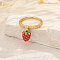 Fruit Pendant Brass Micro Pave Cubic Zirconia Finger Rings for Women, Golden, Strawberry, 10x8mm, Inner Diameter: 16mm~19mm