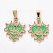 Brass Clear Cubic Zirconia Pendants, with Enamel, Long-Lasting Plated, Real 18K Gold Plated, Heart and Eye, Lime Green, 23x19x3mm, Hole: 2.5x6mm