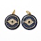 Brass Micro Pave Cubic Zirconia Pendants, with Jump Rings, Flat Round with Eye, Gunmetal & Golden, Prussian Blue, 17.5x15x2mm, Hole: 3mm