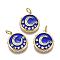 Brass Micro Pave Cubic Zirconia Pendants, with Enamel, Flat Round with Moon and Star, Golden, Blue, 18x16.5x2mm, Hole: 3.5mm