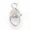 Alloy Rhinestone Lobster Claw Clasps, Heart, Platinum, 26.5~27x14x6.5mm, Hole: 4mm