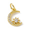 Brass Micro Pave Cubic Zirconia Charms, with Jump Ring, Cadmium Free & Lead Free, Moon & Star Charms, Real 18K Gold Plated, 12x9x2.5mm, Hole: 3mm